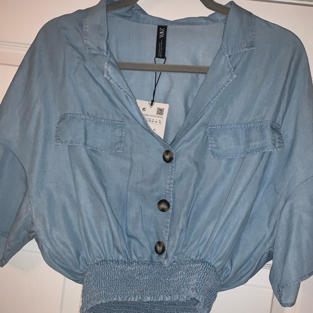 Zara Denim Oversized Button Down Crop Top